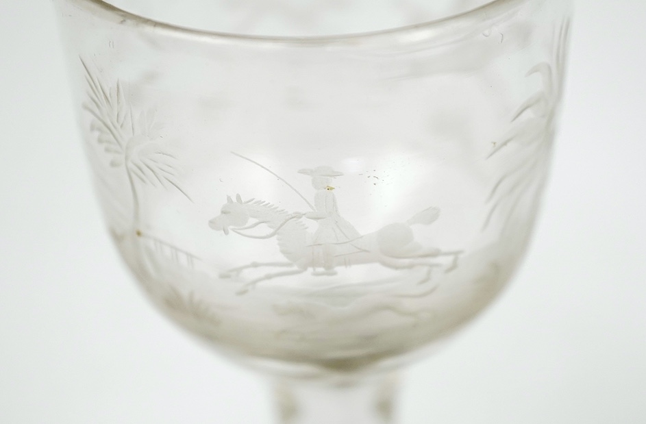 Two faceted wine glasses, engraved with hunting scenes, c.1780